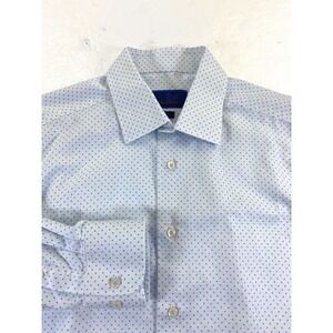 David Donahue Men's TRIM FIT Cotton White Blue Geometric Dress Shirt 17 32/33